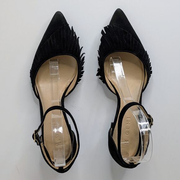 M. Gemi Shoes Womens 40 Black Suede Fringe Pointy Toe Ankle Strap Low Heel - Picture 12 of 14